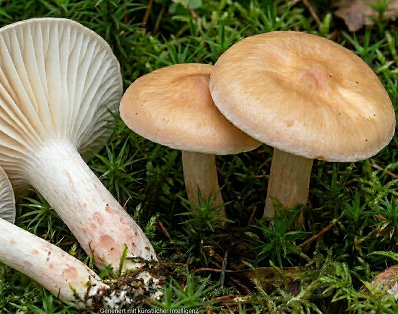 Isabellrötlicher Schneckling - Bild exemplarisch, KI generiert. Wichtiges Bestimmungsmerkmal: der sehr angenehme Geruch (nach Jasmin). Wichtig zur Artabgrenzung ist auch, dass der Stiel an der Basis keine Gelbfärbung zeigt. 
